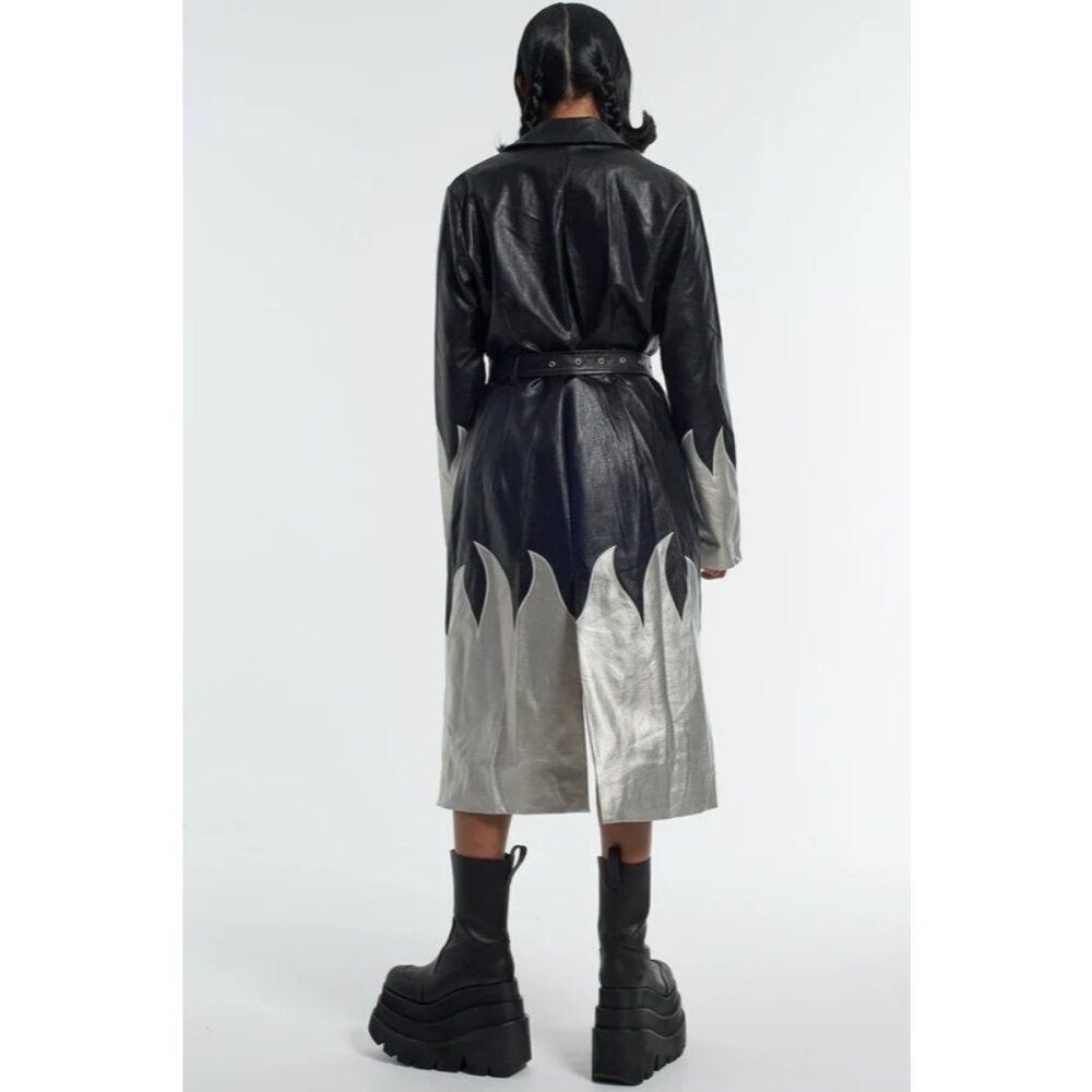 THE RAGGED PRIEST Immortal Coat 16 Silver Flames Faux Leather Trench Mall Goth - Picture 5 of 12